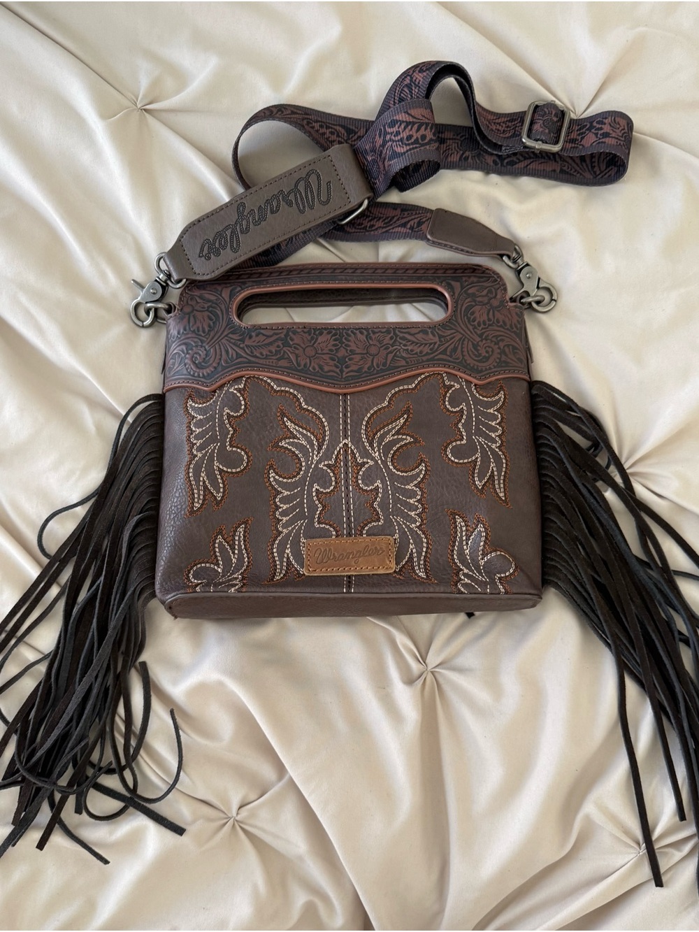 Wrangler Dark Brown Embroidered Fringe Crossbody with Patterned Strap
